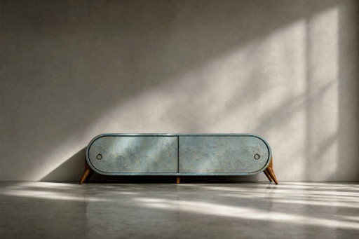 Credenza in legno stile Mid-Century Modern italiano, colore turchese, linee aerodinamiche, anni '60.