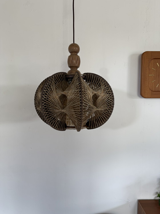 Image 1 of Vintage Danish pendant lamp in glass, wool & wood ‘60s