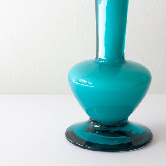 Vintage 1960s Portuguese Blue Glass Vase with Foot (photo 8 of 8)