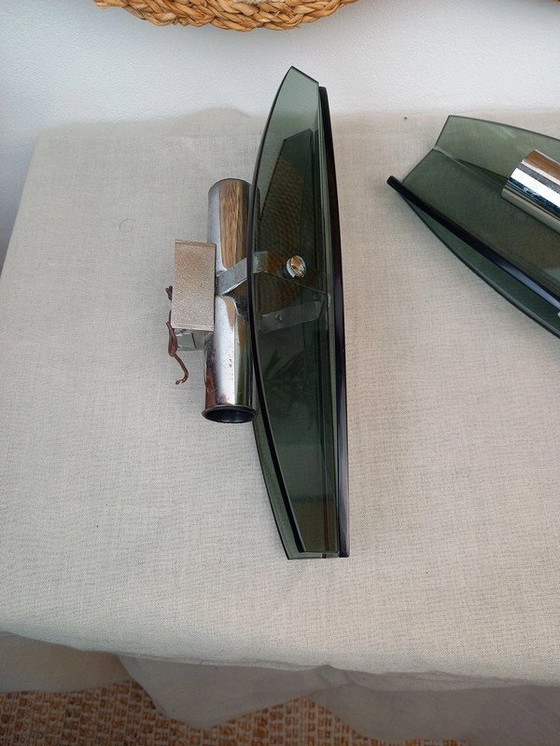 Image 1 of Paar VECA Italiaanse wandlampen voor Fontana Arte - verchroomd staal en kristalglas - jaren '60