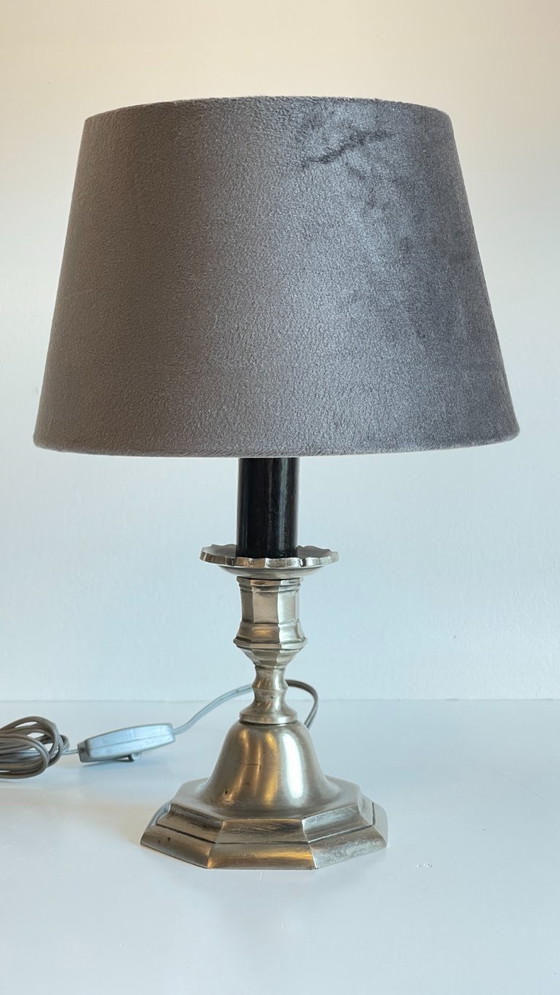 Image 1 of Silver and Velvet Metal Candlestick Lamp