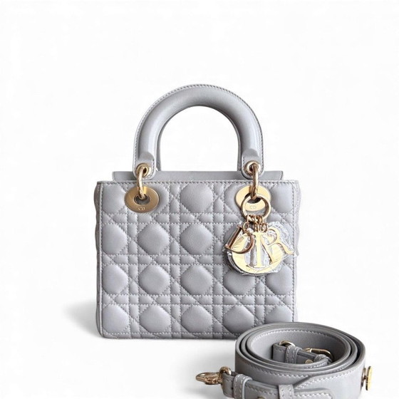 Image 1 of DIOR LADY SMALL - CANNAGE LAMBSKIN LIGHT GREY GRAY GOLD HARDWARE