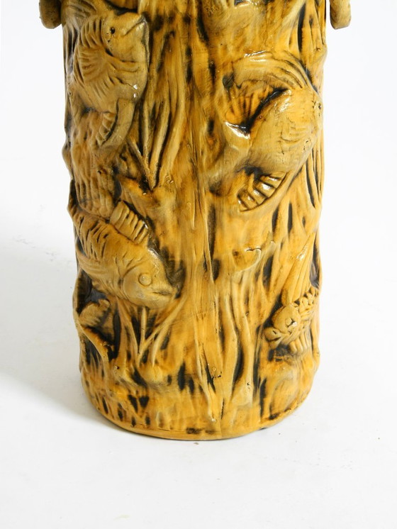 Image 1 of Beautiful large handmade glazed ceramic floor vase, handled vase with maritime fish and starfish motifs | Mid Century Modern