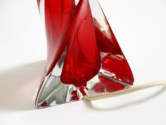 Image 1 of Beautiful heavy mid-century modern table lamp made of solid crystal glass in red and transparent