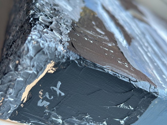 Image 1 of Sky & Stone II – modern abstract coastal landscape – 20x20 cm on 4 cm thick stretcher frame