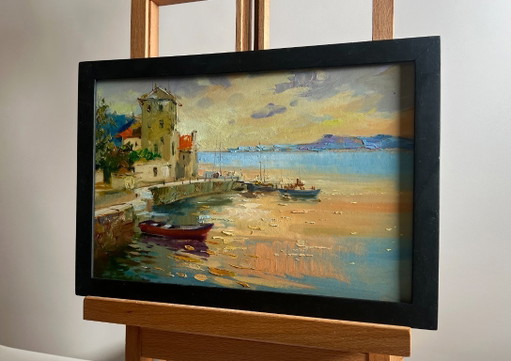 Dipinto ad olio originale, Paesaggio costiero serale, Tramonto arancione sul mare