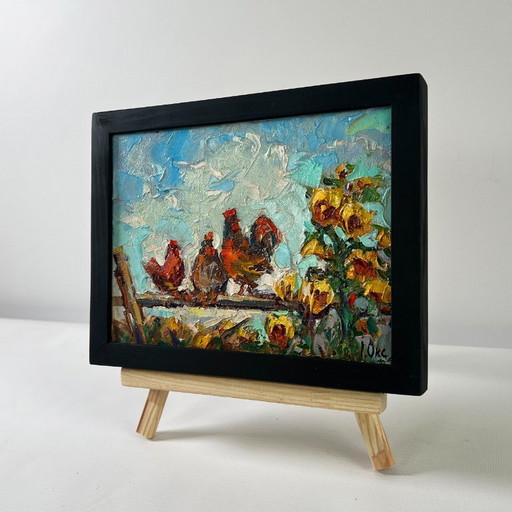 Peinture à l'huile originale, paysage animalier d'été, chant du coq au petit matin