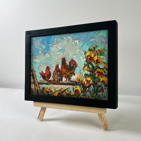 Image 1 of Peinture à l'huile originale, paysage animalier d'été, chant du coq au petit matin