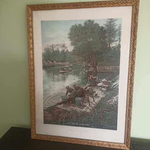 Bellissima stampa d'arte antica "Le Long de la Rivière" (1900 circa)