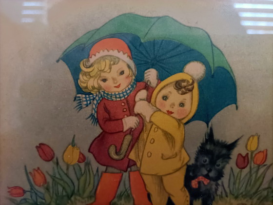 Image 1 of Set of 3 Vintage Children's Prints - 40s-50s - Charming Illustrations in Wooden Frames