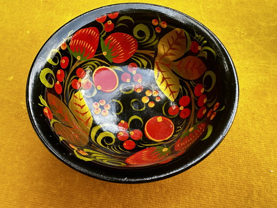 Image 1 of 2 Traditional Russian Hand-Painted Lacquered Wood Bowls Chochloma -