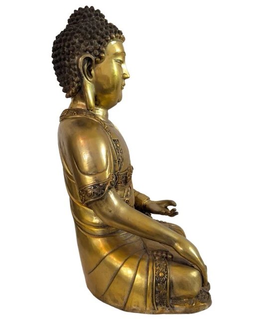 Grande Buddha in Bronzo Dorato a Fuoco – Stile Ming – Cina ca. 1930– kg) – Sculture, Bronze (photo 3 of 10)