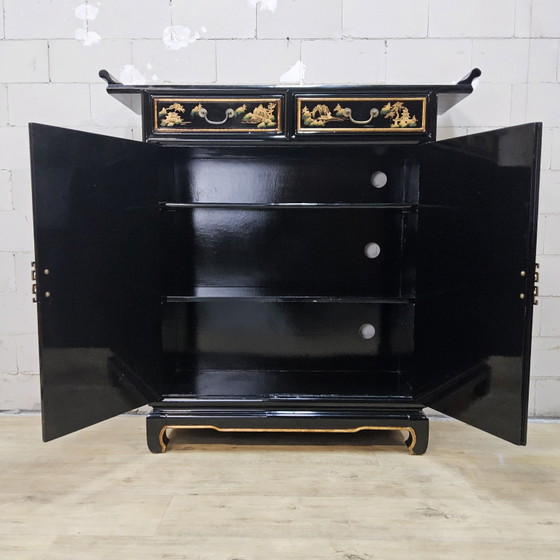 Consolle Cinese Vintage Nera / Mobiletto / Mobile Laccato / Mobile da Ingresso Bohemien / Mobile da Ingresso (photo 5 of 15)