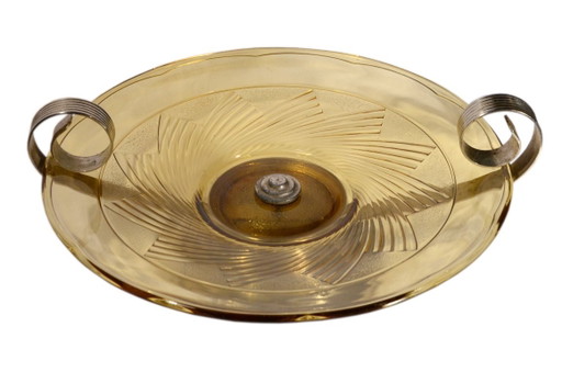 Schale im Art-Deco-Stil aus rauchfarbenem Pressglas und versilbertem Metall, 30 x 8 cm – decoratieve objecten