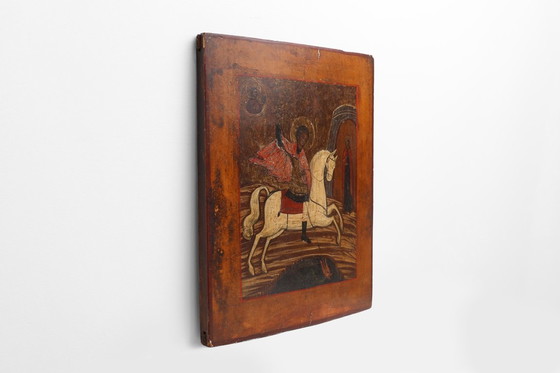 Image 1 of Icono religioso ruso del siglo XIX de San Jorge y el dragón, pintado a mano sobre madera.