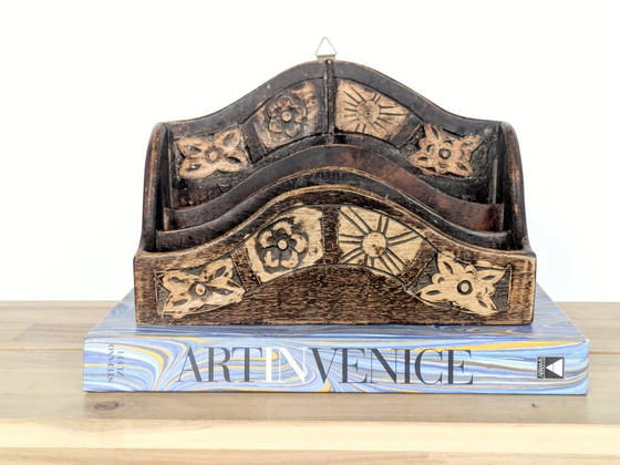 Image 1 of Vintage Hand Carved Walnut Desk Organizer Letter Holder with Botanical and Sun Motifs