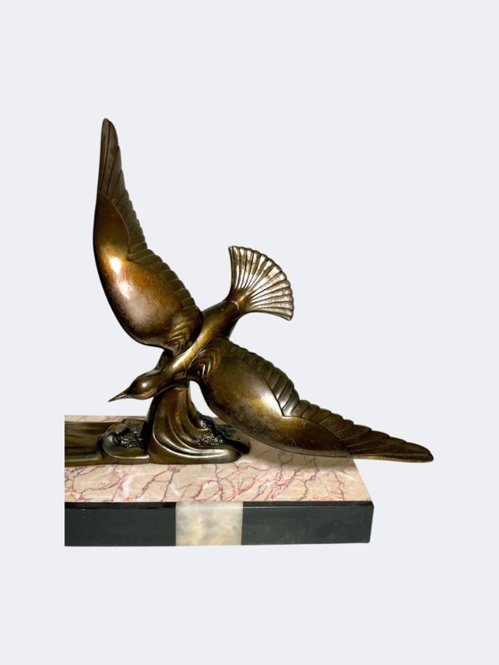 Image 1 of Art Deco Flight of Seagulls Spelter Statue - French Flying Sea Birds Patinated Cast Metal Figures on Marble Base 