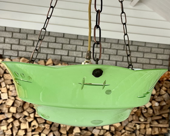 Image 1 of Art Deco Hanglamp glas groen jaren 1930s.
