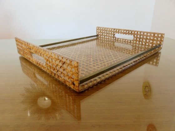 Image 1 of "CHRISTIAN DIOR" tray, France, circa 1970, plexiglass, lucite with caning inclusions