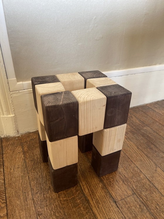 Image 1 of Set de 3 tabourets motif damier en bois massif