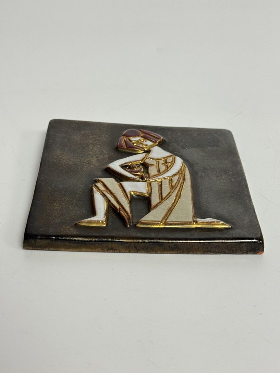 Image 1 of Small Square Ceramic Matte and High Gloss Glazed Tile with Greek Child, 1960s