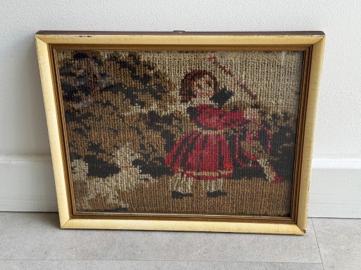 1x Antiek Ingelijst Borduurwerk Meisje Met Een Hond – wanddecoratie, Glass, Textile (photo 2 of 9)