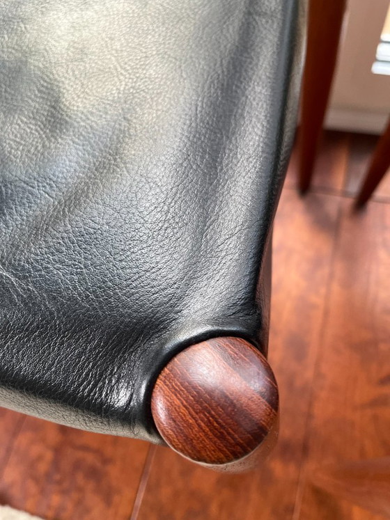 4 Bambi Dining chairs mid-century Teak Gustav Bahus Norway, Wood, Leather, Black (photo 7 of 9)