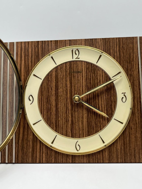 Image 1 of Mid Century Wall / Mantel Clock – Junghans Quartz W756 – Wood & Brass