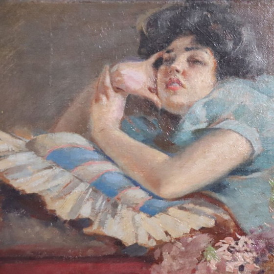 Image 1 of Girl Lying Down, Oil Painting on Board signed A Villa, Italy Late 19th Century