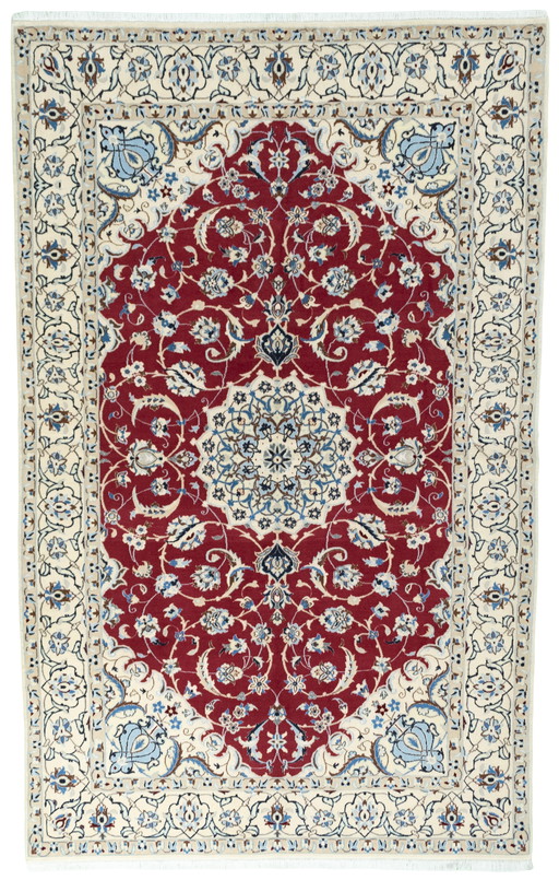 Hand-knotted Persian carpet Nain 9La with silk content - 267 x 167 cm - Red background with floral ornaments