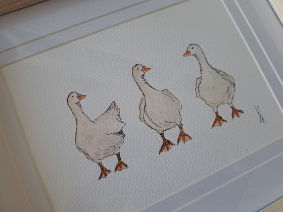 Image 1 of Watercolor painting Three Geese, original with frame