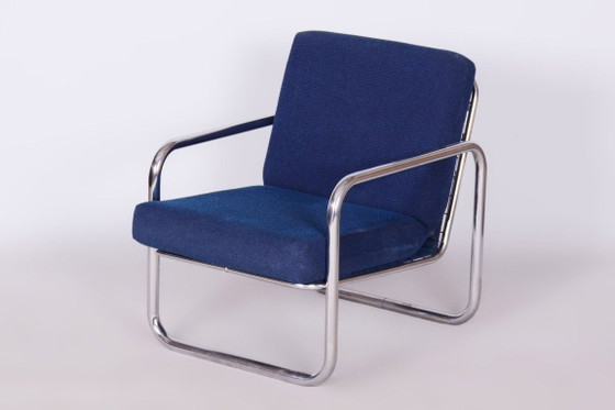 Originele Bauhaus-fauteuil, verchroomd staal, gereinigde bekleding, Tsjechisch, jaren 1950 – Metal, Textile (photo 11 of 11)