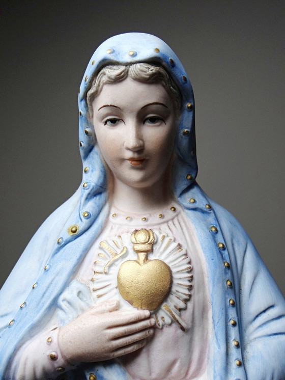 Image 1 of Grande sujet Sainte Vierge au Sacré Coeur en biscuit polychrome ancienne