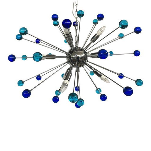 Lámpara de araña italiana de cristal de Murano estilo Sputnik azul, década de 2020, hecha a mano