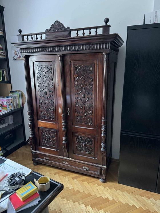 Antique Style Baroque Revival Carved Oak Wardrobe (photo 3 of 6)