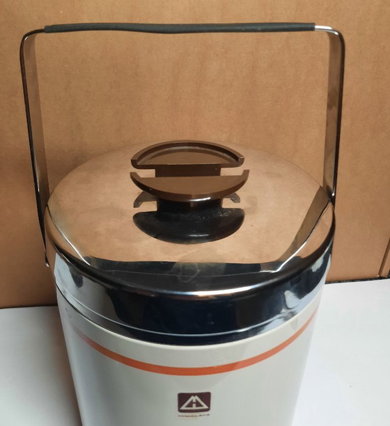 Image 1 of Vintage 1970s Himalaya Ice Jar – Retro Orange Stripes Ice Bucket with Tongs – Mid-Century Bar Essential