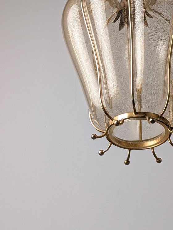 Image 1 of Handgeblazen lantaarn van Murano-glas van Barovier & Toso met 24-karaats goud en messing, jaren 60.