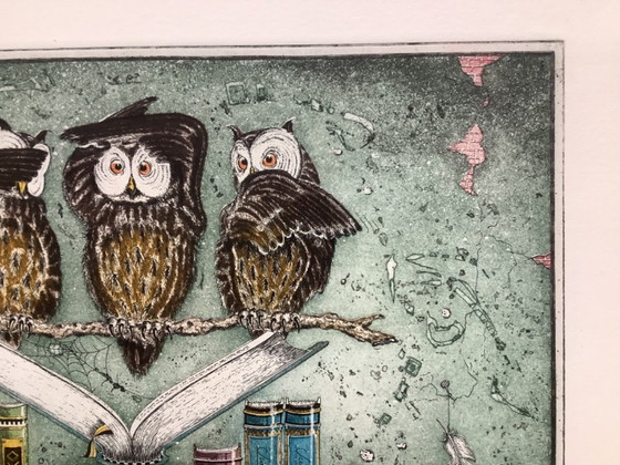 Image 1 of Colored etching in a beautiful frame. Hear, see, and be silent.