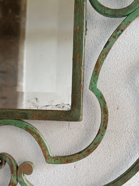 Image 1 of French wrought iron wall mirror coat rack, 1930s–40s, large decorative entry piece