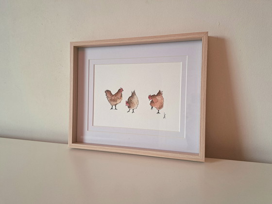 Image 1 of Original watercolor painting of three chickens | with frame