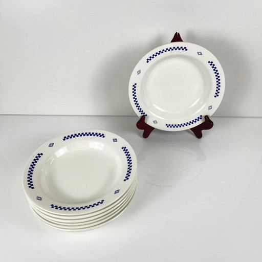 Set of 7 Lustucru soup plates, blue checkerboard pattern, 1950/80