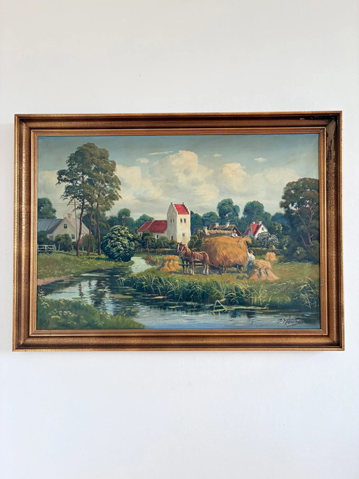 Peinture à l'huile originale vintage de grand paysage, signée, art champêtre