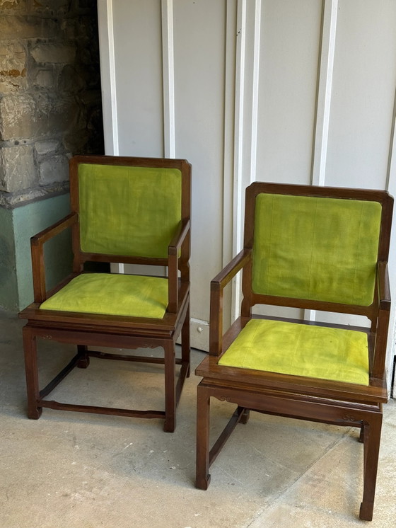 Coppia di poltrone in legno esotico e tessuto verde lime (foto 2 di 14)