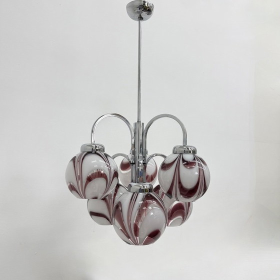 Image 1 of XL Italian purple and white murano glass swirl chandelier , 1970s