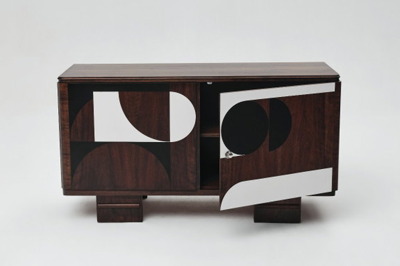 Buffet vintage des années 1950, style moderniste, en noyer, à motif géométrique Op Art. – Vaisseliers, Wood (photo 12 of 14)