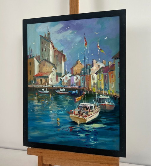Original Oil Painting Summer City Landscape Yachts on the water streets of Venice