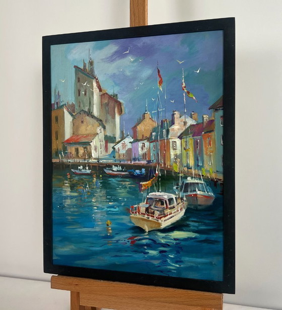 Image 1 of Originales Ölgemälde: Sommerliche Stadtlandschaft – Yachten auf den Wasserstraßen von Venedig