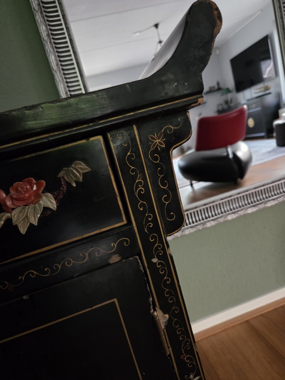 Antique Chinese Cabinet with Paintings and Soapstone – Sideboard, Wood (photo 14 of 15)