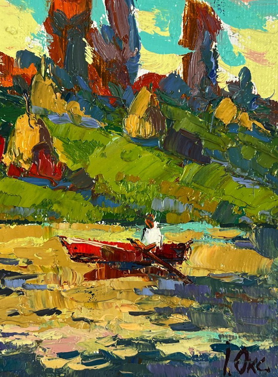Image 1 of Peinture à l'huile originale représentant un paysage naturel, un bateau et un coucher de soleil se reflétant sur la rivière.
