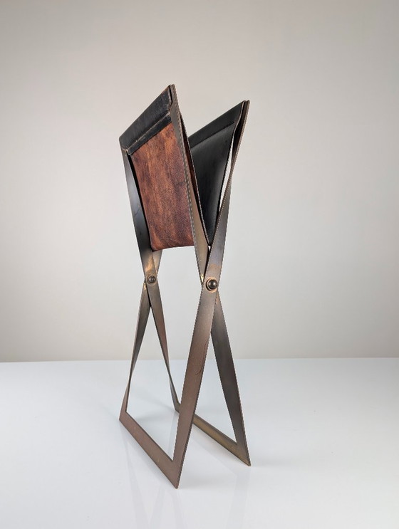 Image 1 of Folding Steel and Leather Stool, Denmark 1960s